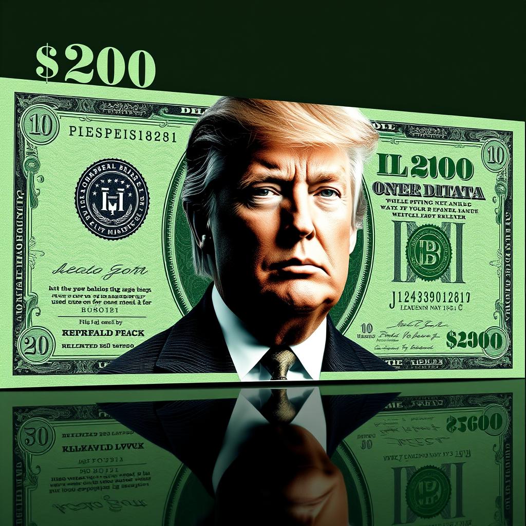 A conceptual image of a fictional green $250 bill featuring the portrait of Donald Trump