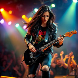 In a striking, high-energy scene, a beautiful young Latina rocker passionately plays her electric guitar on stage