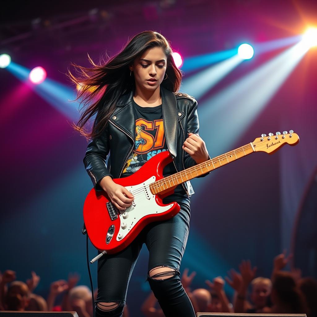 In a striking, high-energy scene, a beautiful young Latina rocker passionately plays her electric guitar on stage