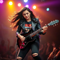 In a striking, high-energy scene, a beautiful young Latina rocker passionately plays her electric guitar on stage