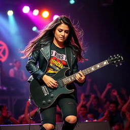 In a striking, high-energy scene, a beautiful young Latina rocker passionately plays her electric guitar on stage