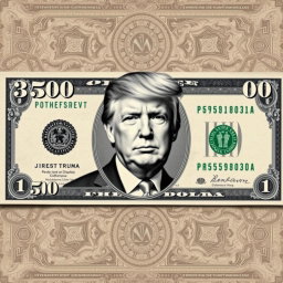 A creatively designed $250 bill featuring a black and white portrait of Donald Trump prominently in the center