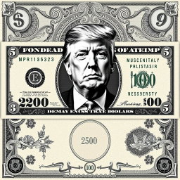 A creatively designed $250 bill featuring a black and white portrait of Donald Trump prominently in the center