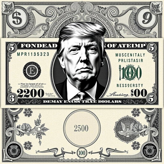 A creatively designed $250 bill featuring a black and white portrait of Donald Trump prominently in the center