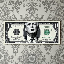 A creatively designed $250 bill featuring a black and white portrait of Donald Trump prominently in the center