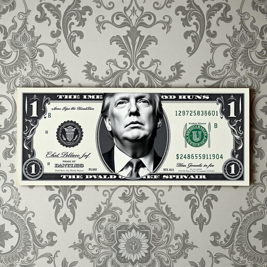 A creatively designed $250 bill featuring a black and white portrait of Donald Trump prominently in the center
