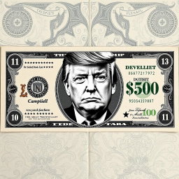 A creatively designed $250 bill featuring a black and white portrait of Donald Trump prominently in the center
