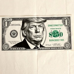 A highly detailed and artistic depiction of a $250 bill, featuring a black and white image of Donald Trump prominently printed on it