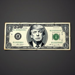A highly detailed and artistic depiction of a $250 bill, featuring a black and white image of Donald Trump prominently printed on it