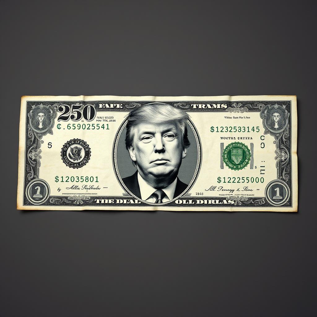 A highly detailed and artistic depiction of a $250 bill, featuring a black and white image of Donald Trump prominently printed on it