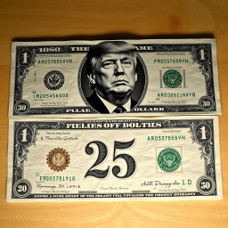 A highly detailed and artistic depiction of a $250 bill, featuring a black and white image of Donald Trump prominently printed on it