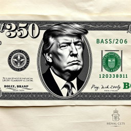 A highly detailed and artistic depiction of a $250 bill, featuring a black and white image of Donald Trump prominently printed on it