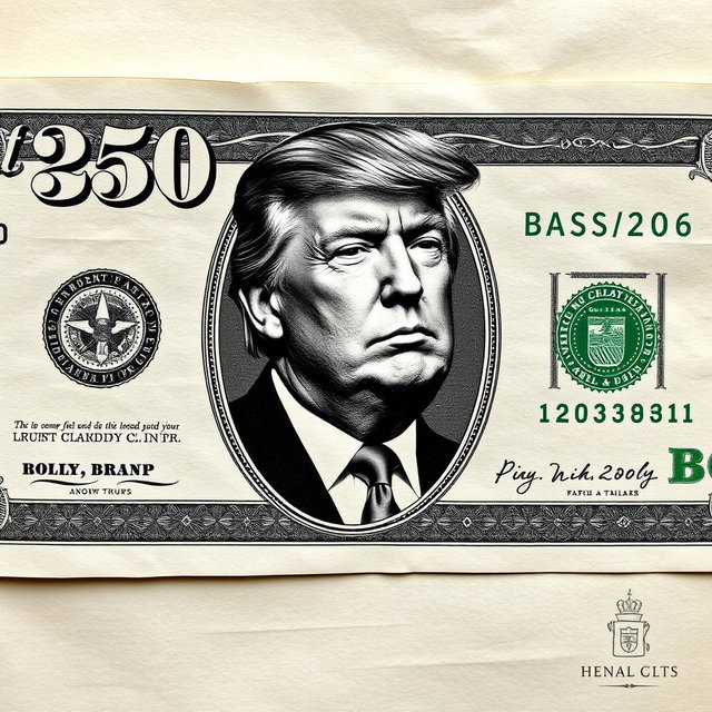A highly detailed and artistic depiction of a $250 bill, featuring a black and white image of Donald Trump prominently printed on it
