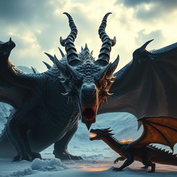 A massive dark black dragon in the epic style of 'Ice and Fire', with forward-facing horns coming out from its jaw and two twisted horns above its head, hunting a smaller dragon