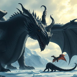 A massive dark black dragon in the epic style of 'Ice and Fire', with forward-facing horns coming out from its jaw and two twisted horns above its head, hunting a smaller dragon