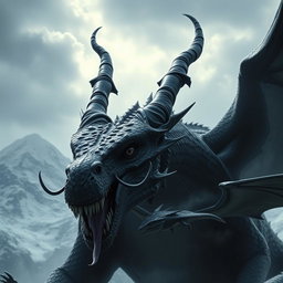 A massive dark black dragon in the epic style of 'Ice and Fire', with forward-facing horns coming out from its jaw and two twisted horns above its head, hunting a smaller dragon