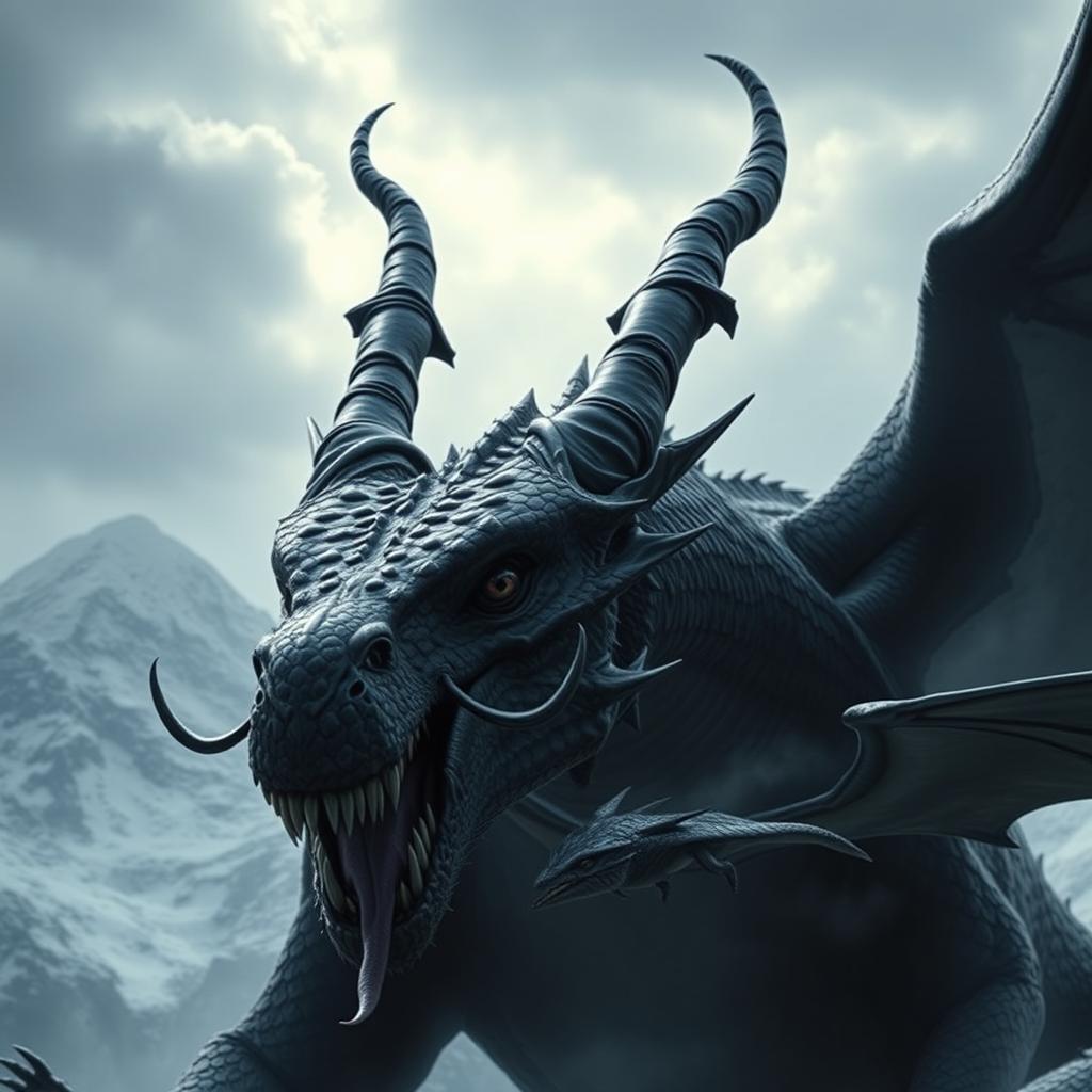A massive dark black dragon in the epic style of 'Ice and Fire', with forward-facing horns coming out from its jaw and two twisted horns above its head, hunting a smaller dragon