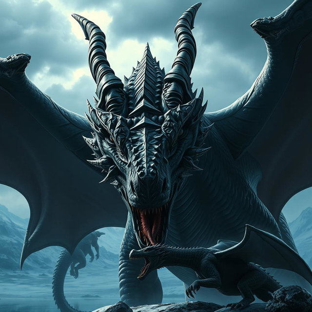 A massive dark black dragon in the epic style of 'Ice and Fire', with forward-facing horns coming out from its jaw and two twisted horns above its head, hunting a smaller dragon