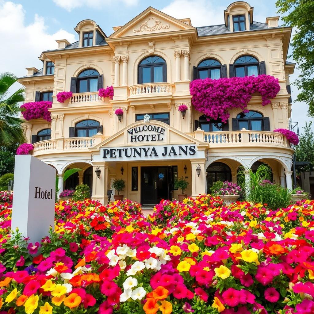 A beautiful hotel surrounded by vibrant petunia flowers, located in front of a stunning petunia flower garden