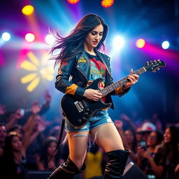 In a vibrant setting, a beautiful young Latina rocker is seen energetically playing her electric guitar on stage