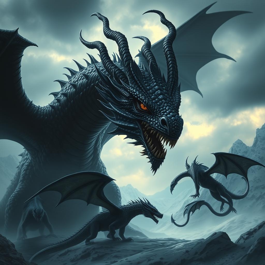 A massive black dragon in a dark and epic style inspired by the world of 'Ice and Fire', featuring forward-pointing horns from either side of its mouth and two twisted horns atop its head, hunting a smaller dragon
