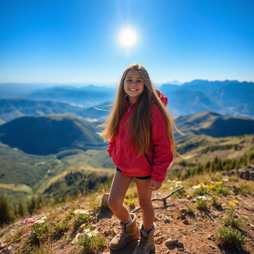 A girl standing on a picturesque mountain top, with a breathtaking view of rolling hills and a clear blue sky