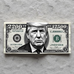 A creative and detailed representation of a $250 bill, featuring a striking black and white portrait of Donald Trump center stage