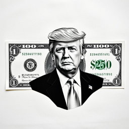 A creative and detailed representation of a $250 bill, featuring a striking black and white portrait of Donald Trump center stage