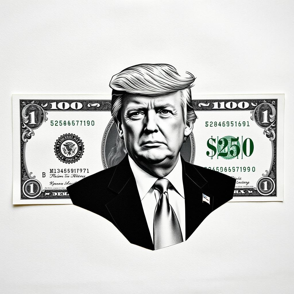 A creative and detailed representation of a $250 bill, featuring a striking black and white portrait of Donald Trump center stage