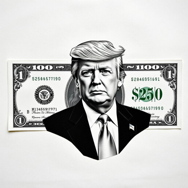 A creative and detailed representation of a $250 bill, featuring a striking black and white portrait of Donald Trump center stage