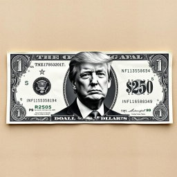 A creative and detailed representation of a $250 bill, featuring a striking black and white portrait of Donald Trump center stage