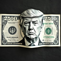 A creative and detailed representation of a $250 bill, featuring a striking black and white portrait of Donald Trump center stage