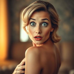 A stunning 50-year-old woman, directly facing the camera with a look of surprise and intrigue on her face