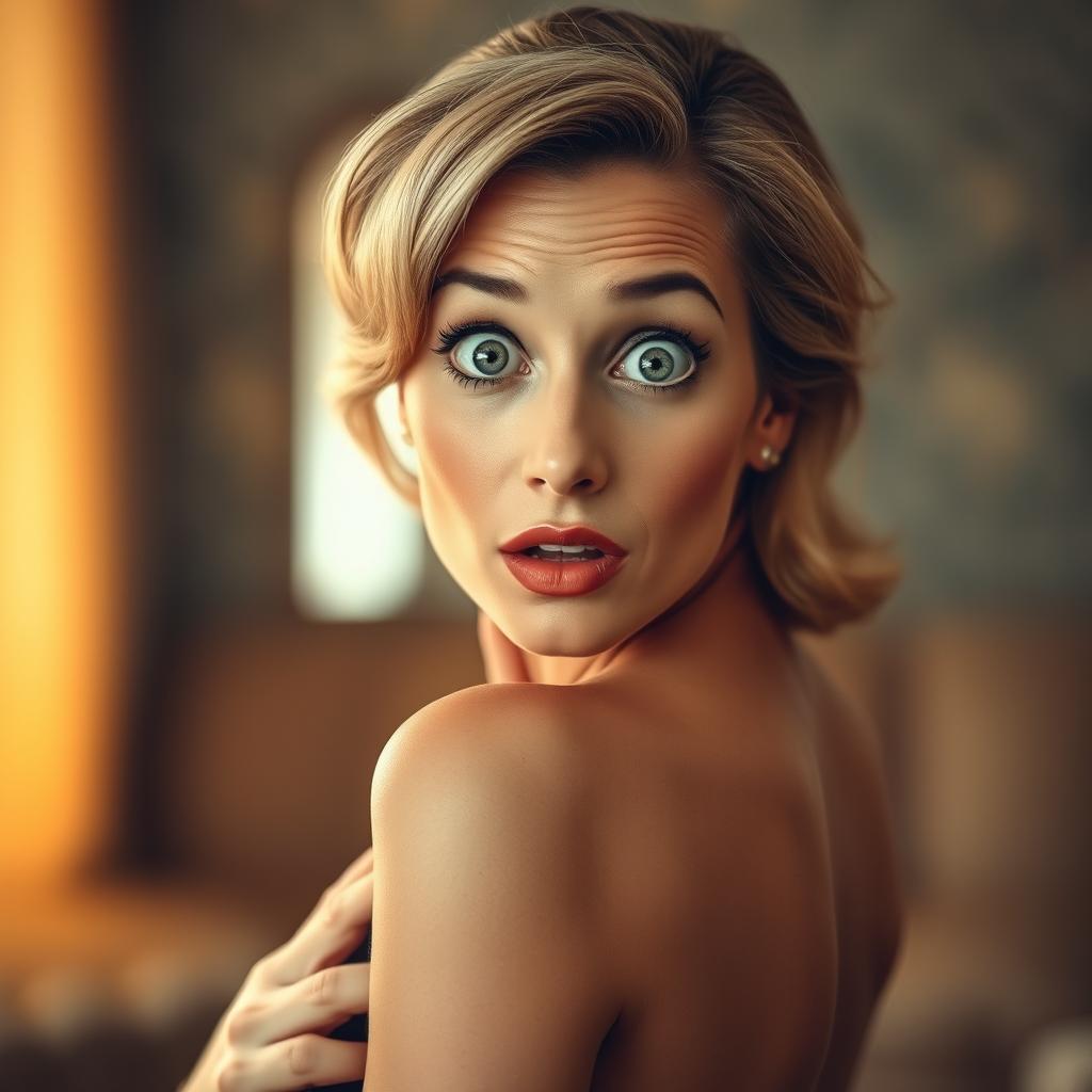 A stunning 50-year-old woman, directly facing the camera with a look of surprise and intrigue on her face