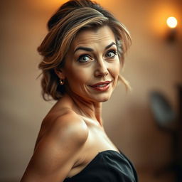 A stunning 50-year-old woman, directly facing the camera with a look of surprise and intrigue on her face