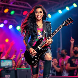 In a lively and colorful scene, a beautiful young Latina rocker is passionately playing her electric guitar on stage