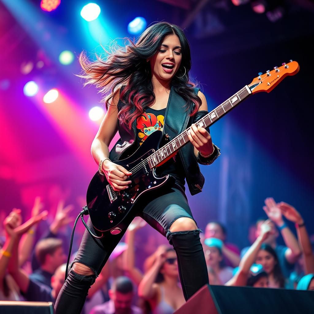 In a lively and colorful scene, a beautiful young Latina rocker is passionately playing her electric guitar on stage