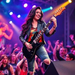 In a lively and colorful scene, a beautiful young Latina rocker is passionately playing her electric guitar on stage