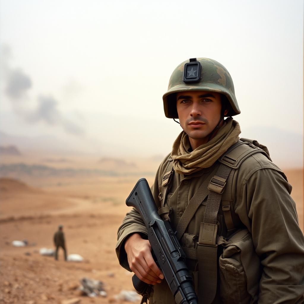 A war scene featuring a soldier from the Iran-Iraq war, dressed in authentic 1980s military gear