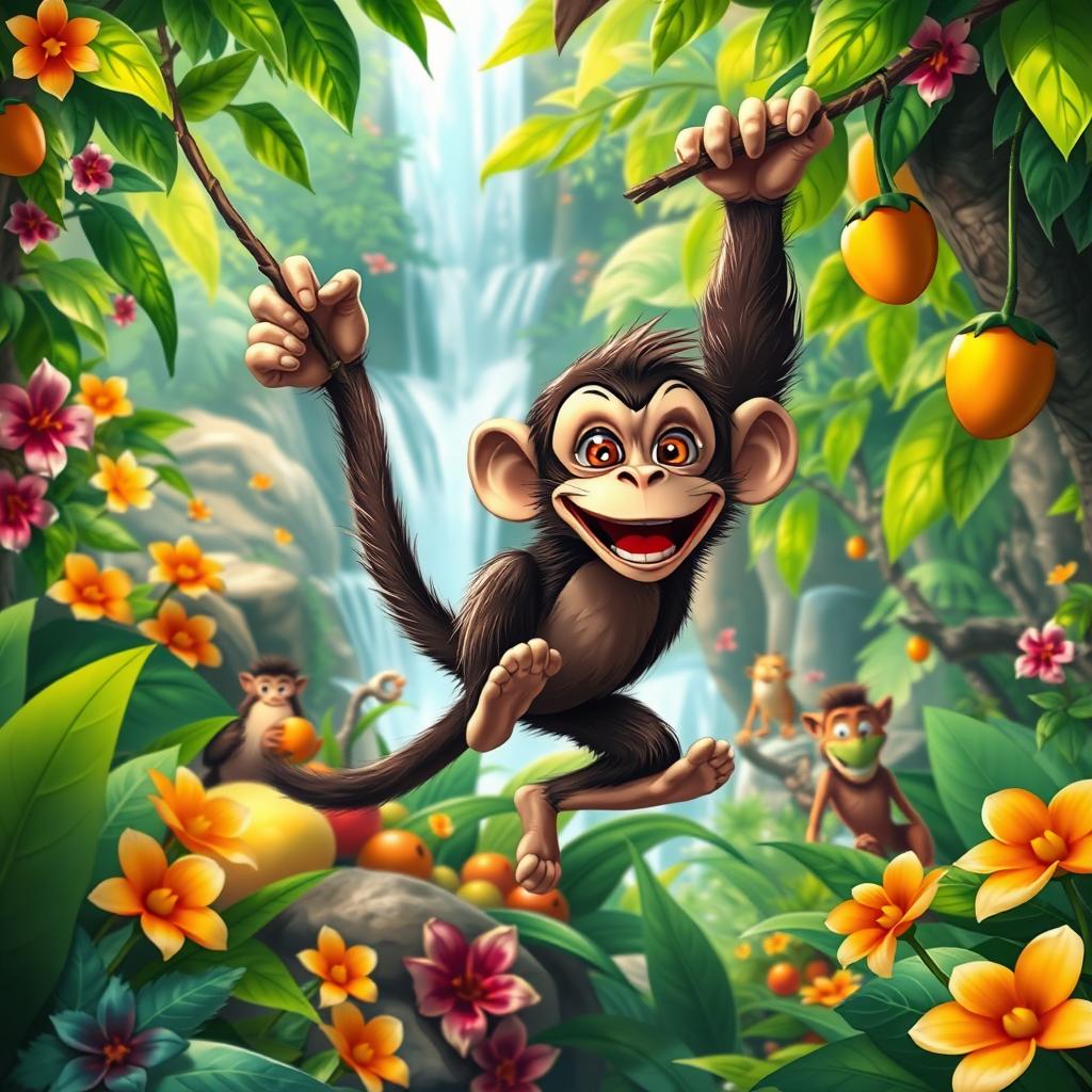 A mischievous monkey causing chaos in a bright, colorful jungle scene