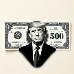 An imaginative and artistic design of a $250 bill, prominently featuring a black and white image of Donald Trump in the center
