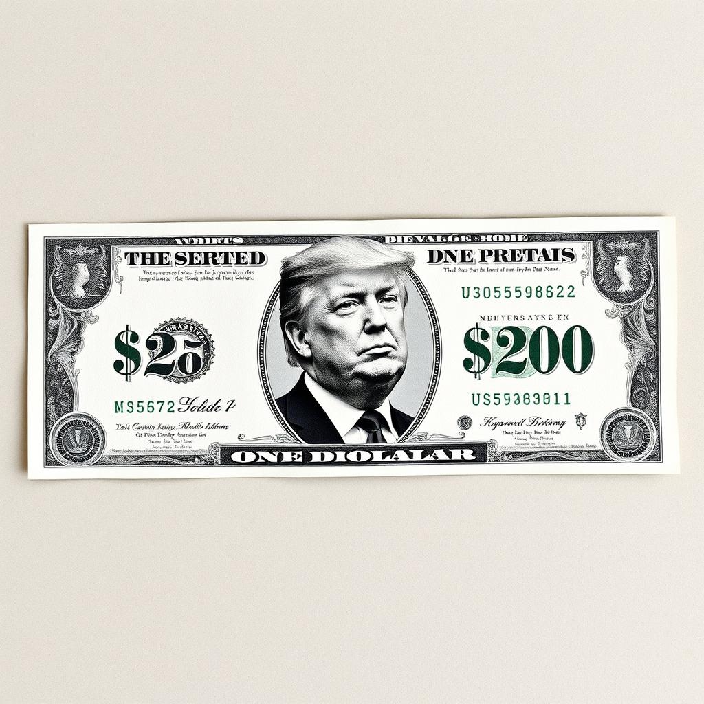An imaginative and artistic design of a $250 bill, prominently featuring a black and white image of Donald Trump in the center
