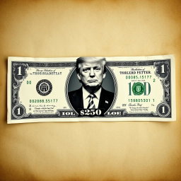 An imaginative and artistic design of a $250 bill, prominently featuring a black and white image of Donald Trump in the center