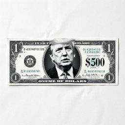 An imaginative and artistic design of a $250 bill, prominently featuring a black and white image of Donald Trump in the center