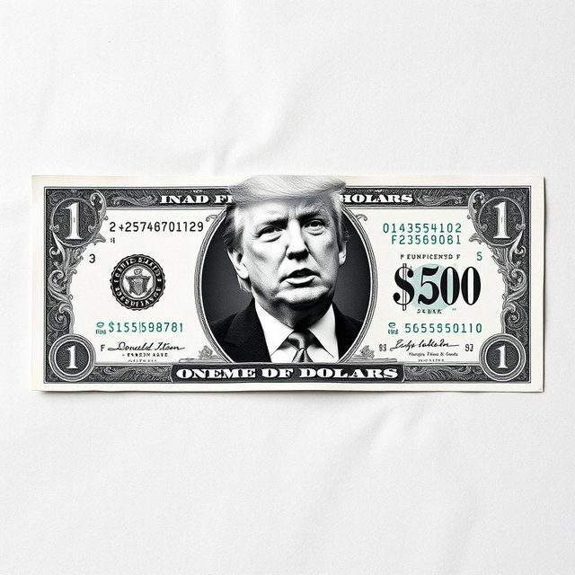 An imaginative and artistic design of a $250 bill, prominently featuring a black and white image of Donald Trump in the center