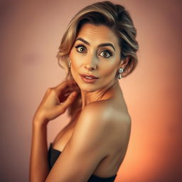 A gorgeous 50-year-old woman, directly facing the camera with an expression of surprise and intrigue on her face