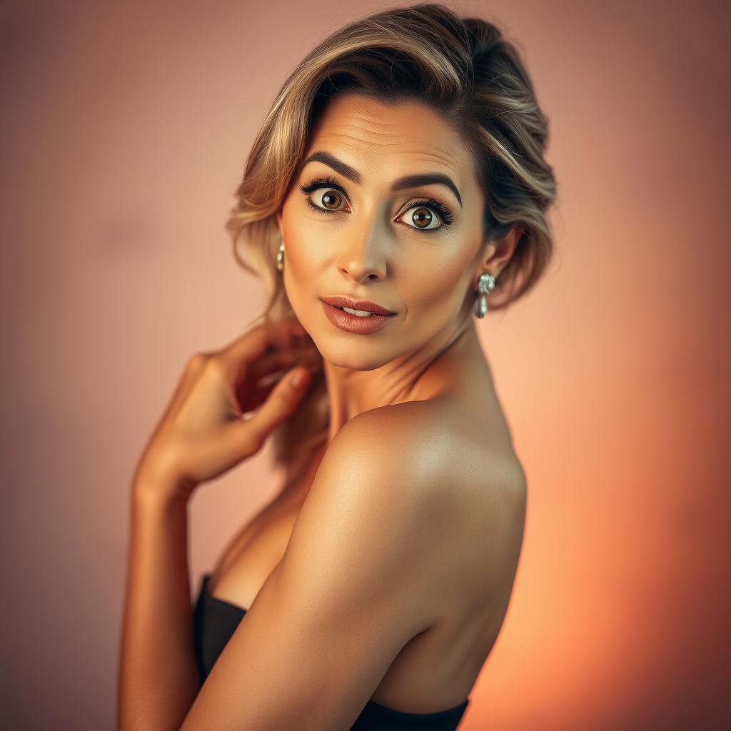 A gorgeous 50-year-old woman, directly facing the camera with an expression of surprise and intrigue on her face