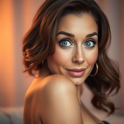 A gorgeous 50-year-old woman, directly facing the camera with an expression of surprise and intrigue on her face