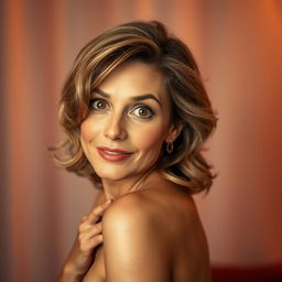 A gorgeous 50-year-old woman, directly facing the camera with an expression of surprise and intrigue on her face