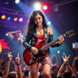 In an electrifying concert setting, a beautiful young Latina rocker is depicted playing her electric guitar with passion and intensity